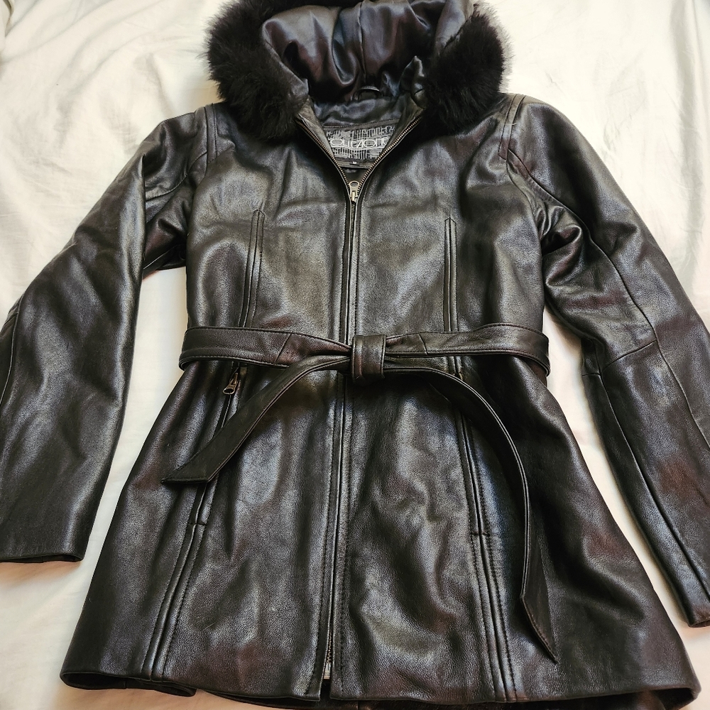 Collezione SA Black Leather Jacket With Rabbit Trimmed Hood Size Medium